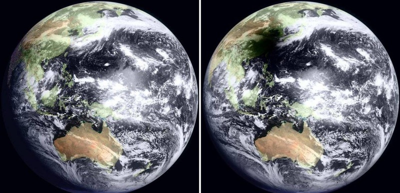Утром 22 июля на большую часть Китая и Тихого океана упала тень во время необычайно долгого солнечного затмения. Эти снимки с японского геостационарного спутника MTSAT показывают Землю в 8:30 утра по местному времени в Тайване (слева), а затем через час во время солнечного затмения (справа). (WebGMS-MTSAT/GMS/NASA)