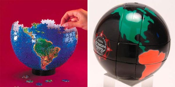 С помощью паззла вы можете сами собрать целый мир воедино, а затем снова разложить его по частям (внизу слева). Внизу справа - "глобус Рубика".
