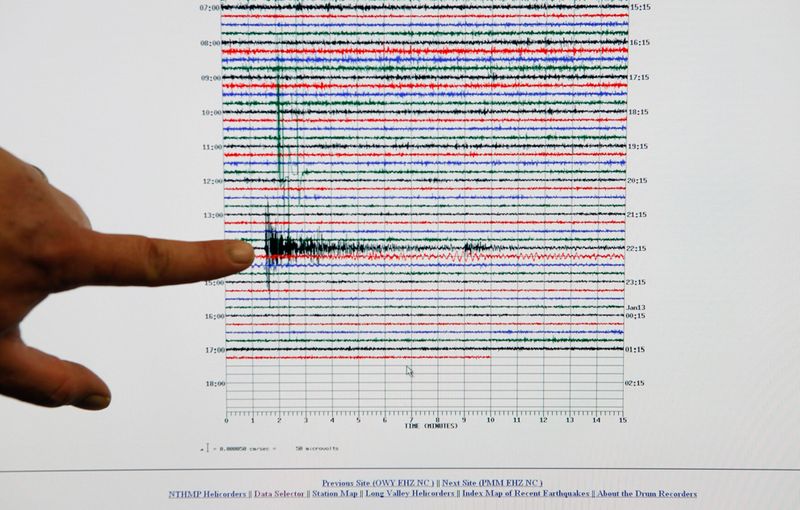 Энтони Гуарино – сейсмический аналитик из Сейсмической лаборатории Калтек – показывает пик землетрясения в 7.0 баллов в Пасадене, Калифорния, 12 января.