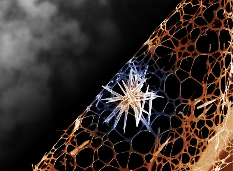 Фотография «Кристаллическая сущность», занявшая третье место, демонстрирует удивительный заостренный кристалл оксида цинка в форме звезды в золотистой структуре аморфного углерода. Рами Р.М. Лука и Юн Таи Ли, сделавшие эту фотографию, исследуют материал, используемый в транзисторах, светодиодах и фотоэлементах. Их работа может дать свои результаты в развитии более дешевых альтернатив существующей технологии, используемой в компьютерах, мобильных телефонах и зарядных устройствах, работающих от солнечной энергии.