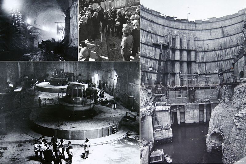 Слева направо, сверху вниз: (1) – строительство водоотводящего тоннеля; (2) – 28.02.1970, торжественная закладка первого кубометра бетона в тело плотины; (3, большая фотография справа) – плотина готова; (4) – машинный зал Чиркейской ГЭС в день пуска первого агрегата.